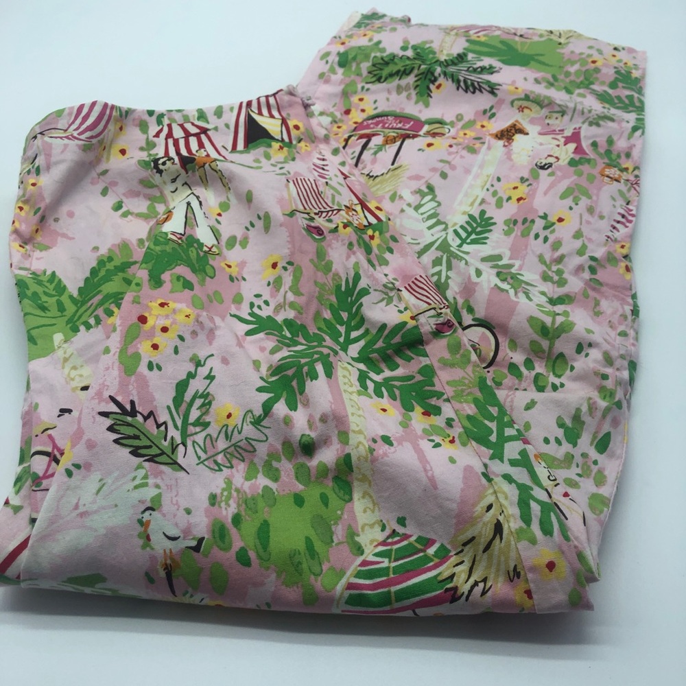 Larry Levine pants-pink w festive summer scene